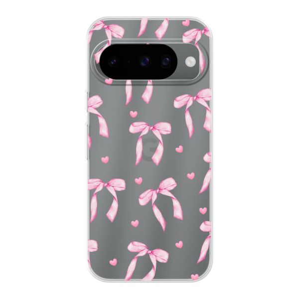 Coque Google Pixel 10 flexible transparente avec nœuds et cœurs roses