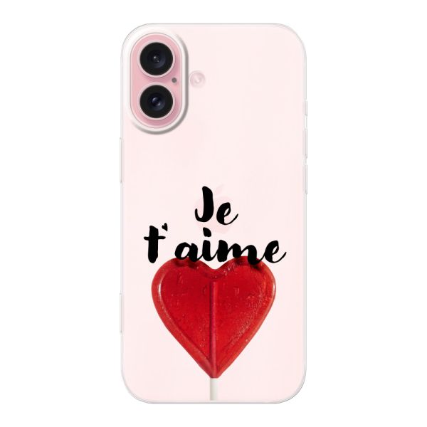 Transparente flexible iPhone 16 Hülle mit herzförmigem Lutscher - Je t'aime