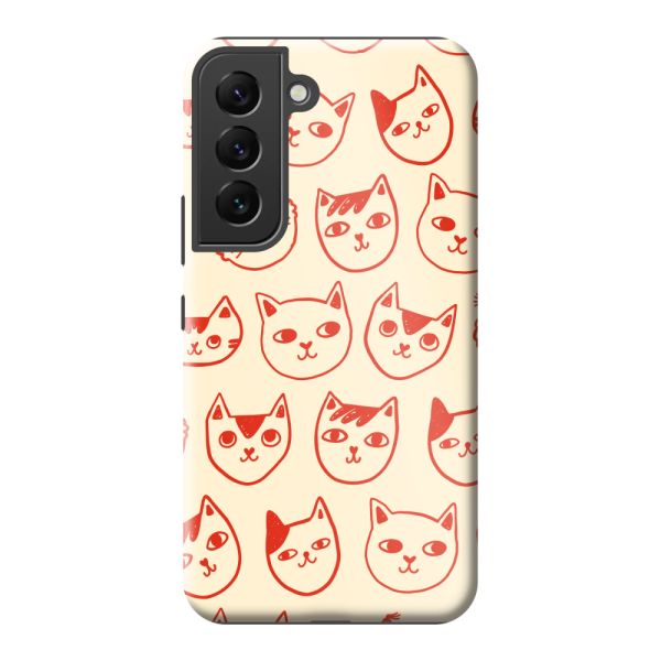 Extra sterk Samsung Galaxy S22 hoesje met kattenkoppen - Rode katten op crème