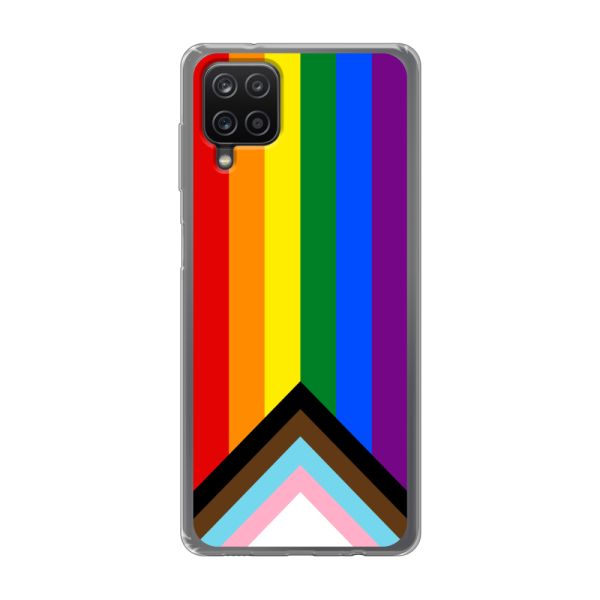Transparant flexibel Samsung Galaxy A12 hoesje met Regenboog Vlag - Progress Pride Vlag
