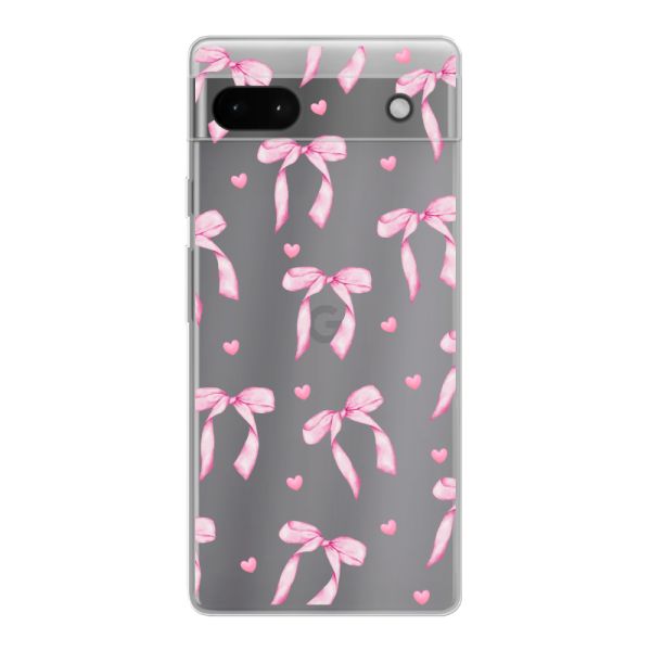Transparant flexibel Google Pixel 6a hoesje met Roze Strikjes en Hartjes