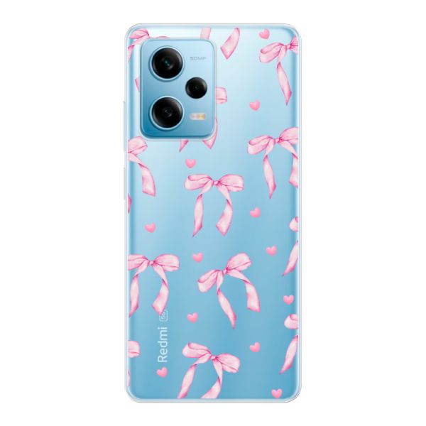 Coque Xiaomi Redmi Note 12 Pro 5G flexible transparente avec nœuds et cœurs roses