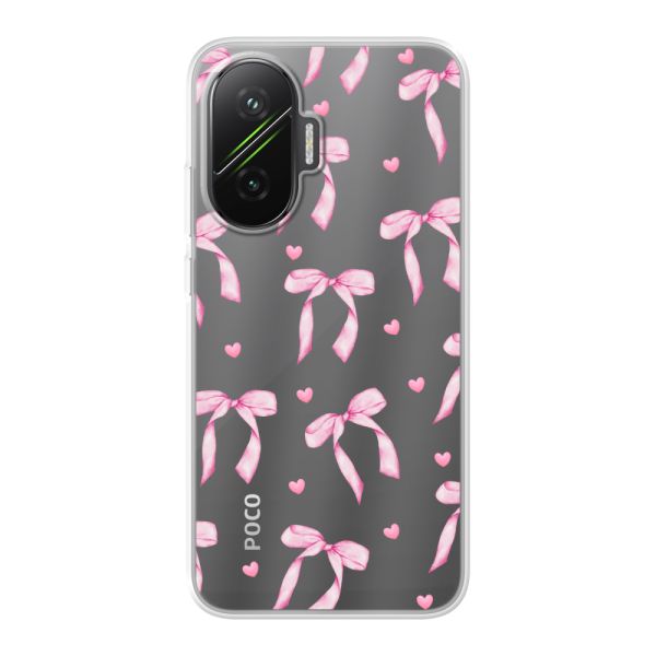 Transparant flexibel Xiaomi Poco F7 hoesje met Roze Strikjes en Hartjes