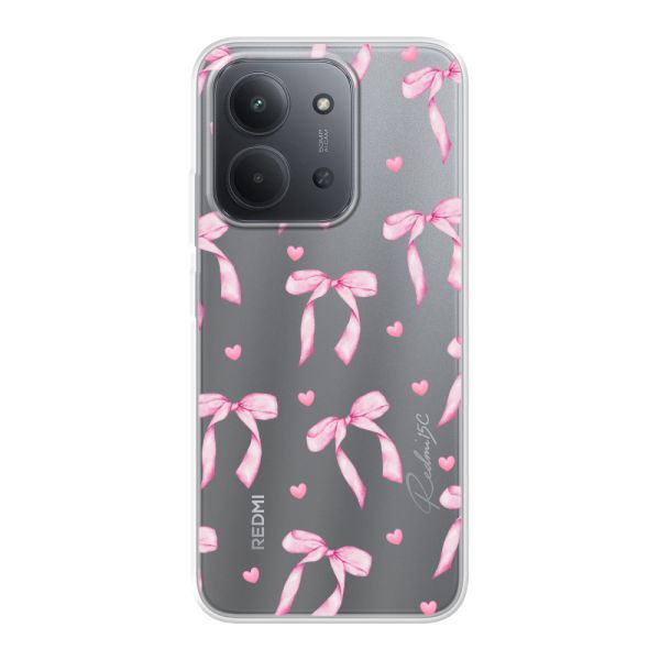 Coque Xiaomi Redmi 15C 4G flexible transparente avec nœuds et cœurs roses