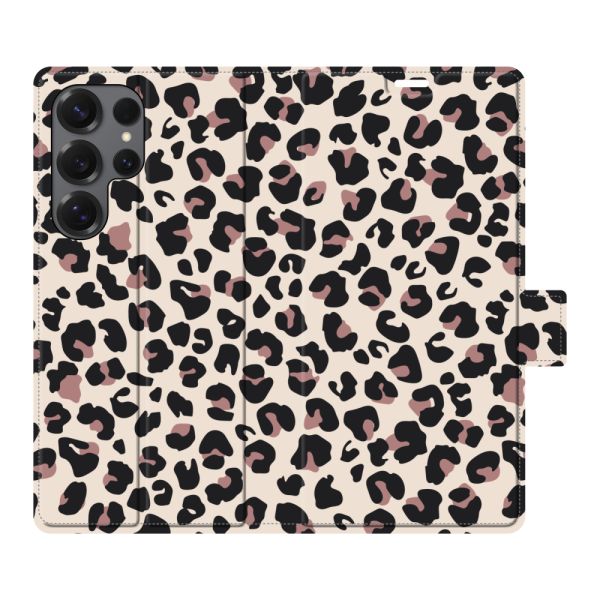 Coque portefeuille Samsung Galaxy S25 Ultra entièrement imprimée avec Imprimé panthère - Imprimé léopard Beige Rose