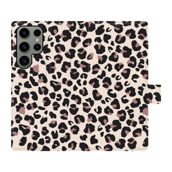 Vollständig bedrucktes Samsung Galaxy S23 Ultra Portemonnaie-Case mit Pantherdruck - Leopardenmuster Beige Rosa