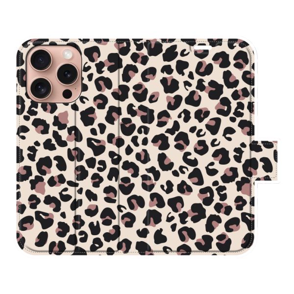 Volledig bedrukt iPhone 16 Pro portemonnee hoesje met Panterprint - Luipaardprint Beige Roze