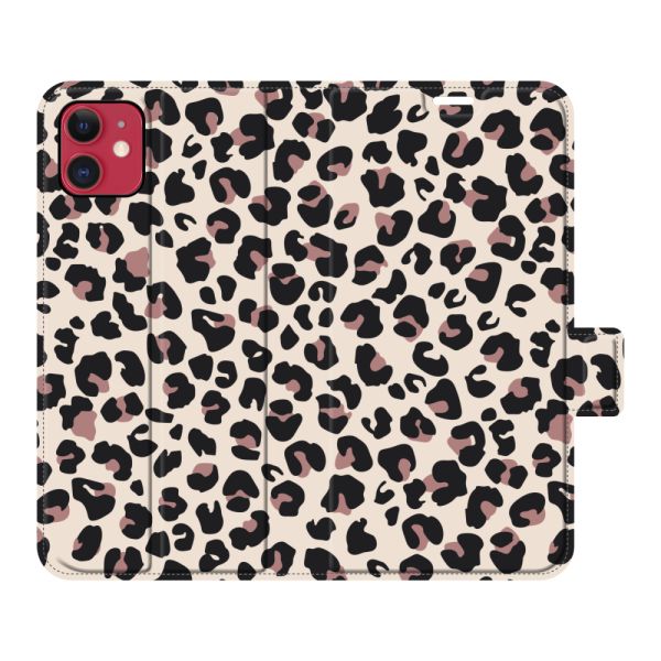 Coque portefeuille iPhone 11 entièrement imprimée avec Imprimé panthère - Imprimé léopard Beige Rose