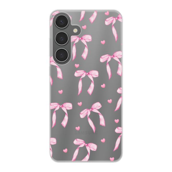 Coque Samsung Galaxy S24 Plus flexible transparente avec nœuds et cœurs roses