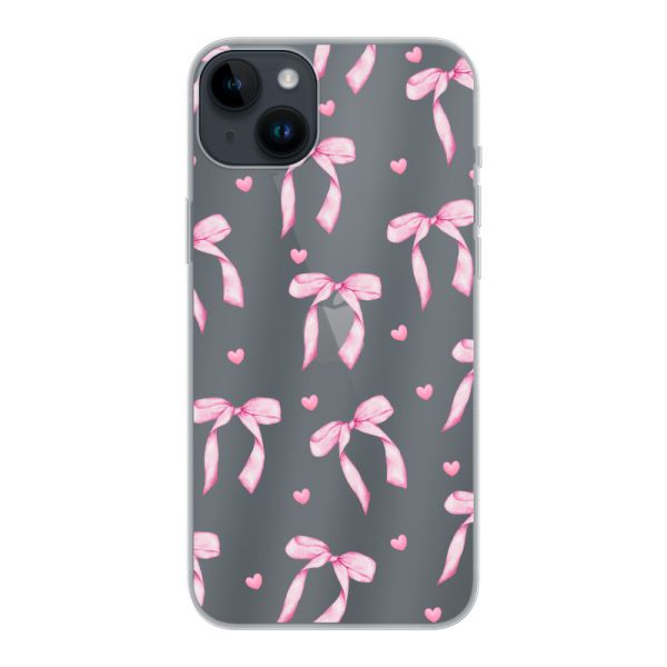 Coque iPhone 14 Plus flexible transparente avec nœuds et cœurs roses