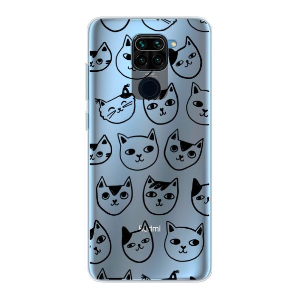 Transparente flexible Xiaomi Redmi Note 9 Hülle mit Katzenköpfen - Transparenter Katzenprint