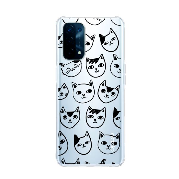 Transparente flexible Oppo A74 5G Hülle mit Katzenköpfen - Transparenter Katzenprint