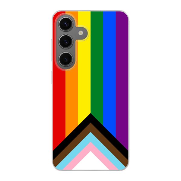 Transparant flexibel Samsung Galaxy S24 hoesje met Regenboog Vlag - Progress Pride Vlag