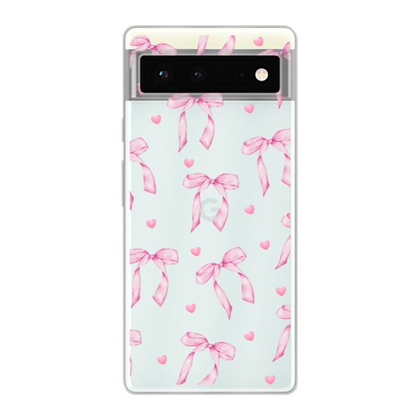 Transparant flexibel Google Pixel 6 hoesje met Roze Strikjes en Hartjes
