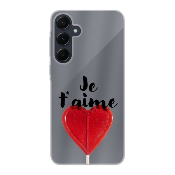 Transparente flexible Samsung Galaxy A55 Hülle mit herzförmigem Lutscher - Je t'aime