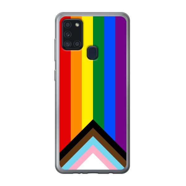 Flexibel Samsung Galaxy A21s hoesje met Regenboog Vlag - Progress Pride Vlag