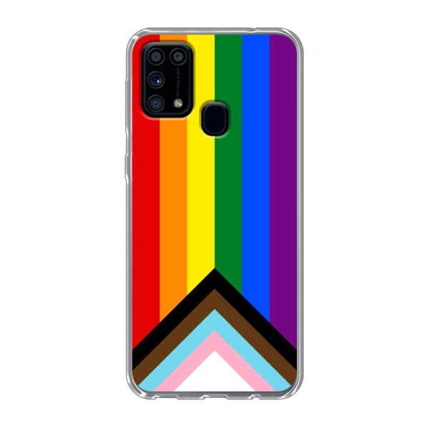 Transparant flexibel Samsung Galaxy M31 hoesje met Regenboog Vlag - Progress Pride Vlag