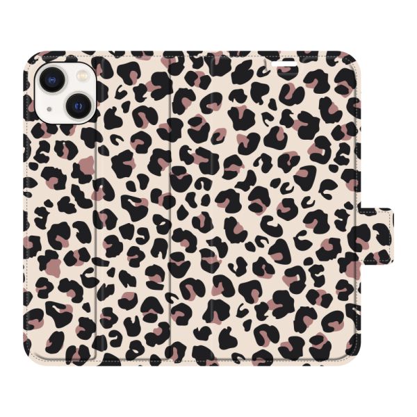 Coque portefeuille iPhone 13 entièrement imprimée avec Imprimé panthère - Imprimé léopard Beige Rose