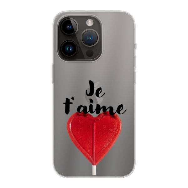 Coque iPhone 14 Pro flexible transparente avec sucette en forme de cœur - Je t'aime