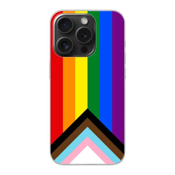 Flexibel iPhone 15 Pro hoesje met Regenboog Vlag - Progress Pride Vlag