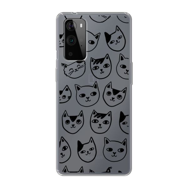 Transparente flexible OnePlus 9 Pro Hülle mit Katzenköpfen - Transparenter Katzenprint