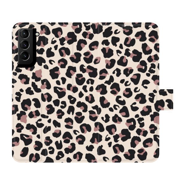 Vollständig bedrucktes Samsung Galaxy S21 Plus 5G Portemonnaie-Case mit Pantherdruck - Leopardenmuster Beige Rosa