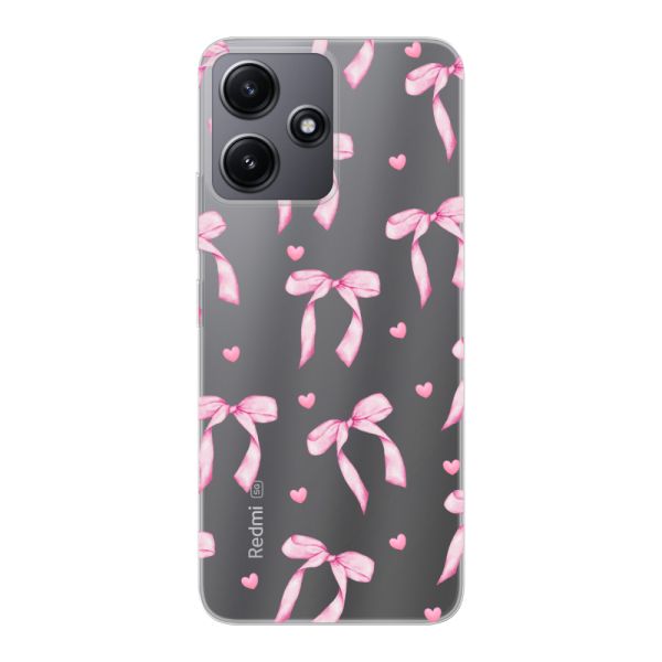 Coque Xiaomi Redmi 12 flexible transparente avec nœuds et cœurs roses