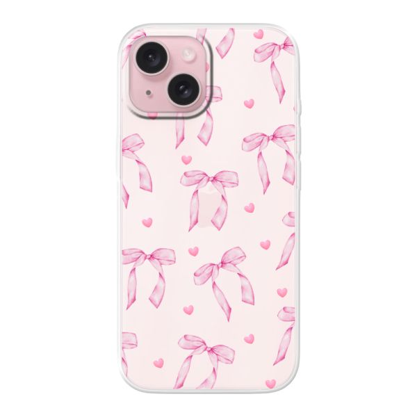 Funda iPhone 15 flexible transparente con lazos y corazones rosas