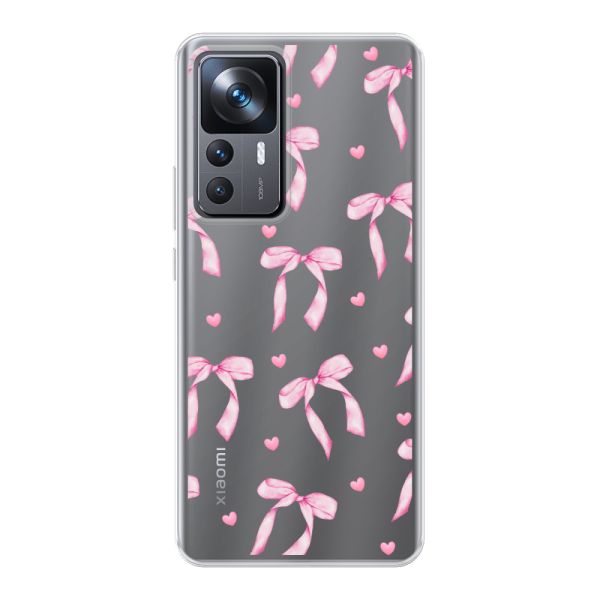 Transparant flexibel Xiaomi 12T hoesje met Roze Strikjes en Hartjes