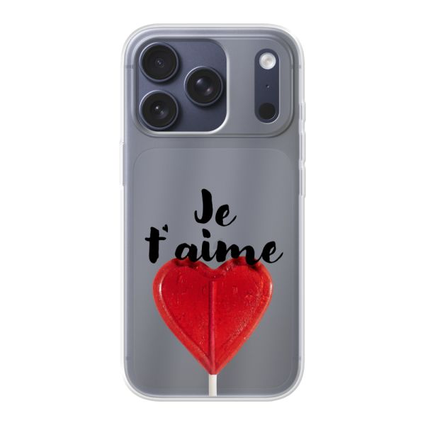 Coque iPhone 17 Pro flexible transparente avec sucette en forme de cœur - Je t'aime