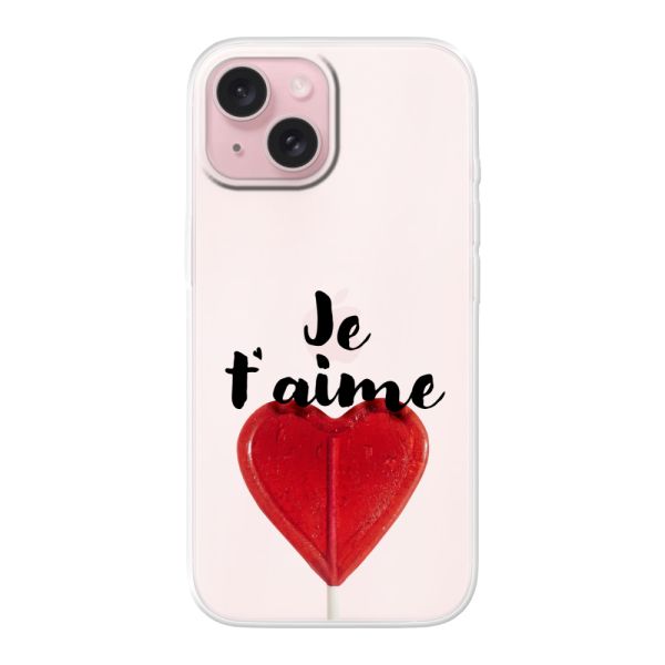 Transparente flexible iPhone 15 Hülle mit herzförmigem Lutscher - Je t'aime