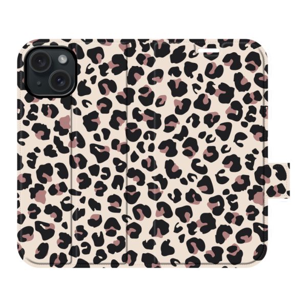 Vollständig bedrucktes iPhone 15 Portemonnaie-Case mit Pantherdruck - Leopardenmuster Beige Rosa