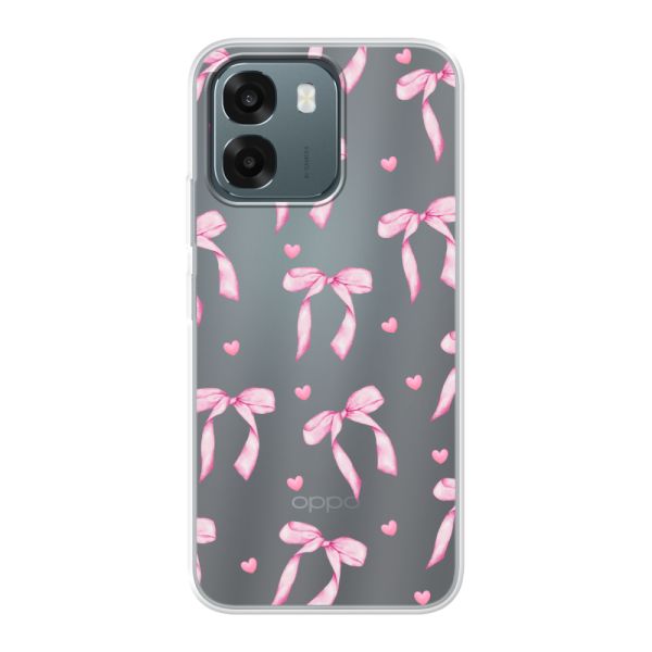 Coque Oppo A6 5G flexible transparente avec nœuds et cœurs roses
