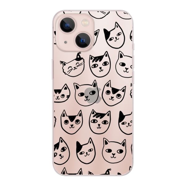 Transparant flexibel iPhone 13 mini hoesje met kattenkoppen - Transparante kattenprint
