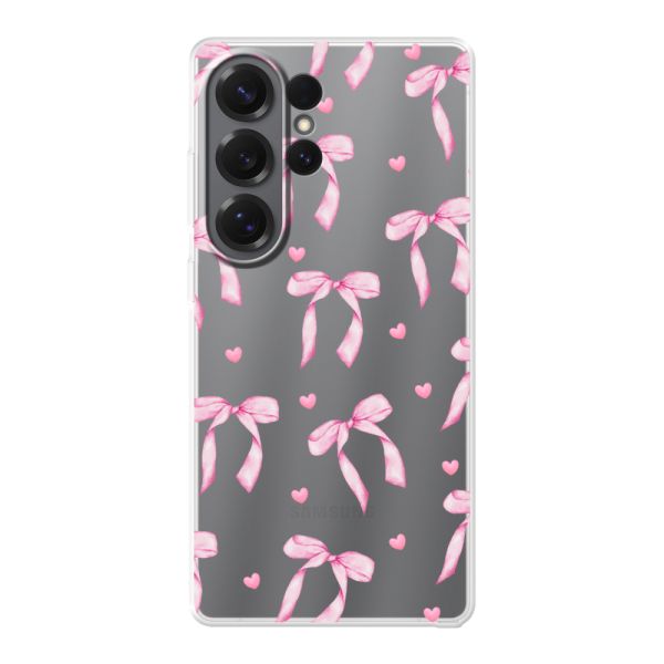 Transparant flexibel Samsung Galaxy S26 Ultra hoesje met Roze Strikjes en Hartjes