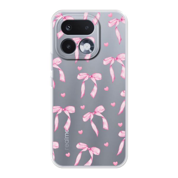 Coque Realme 16 Pro flexible transparente avec nœuds et cœurs roses