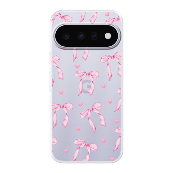 Coque Google Pixel 11 Pro XL flexible transparente avec nœuds et cœurs roses