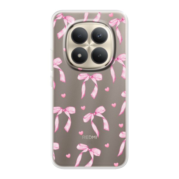 Coque Xiaomi Redmi Note 15 Pro+ 5G flexible transparente avec nœuds et cœurs roses