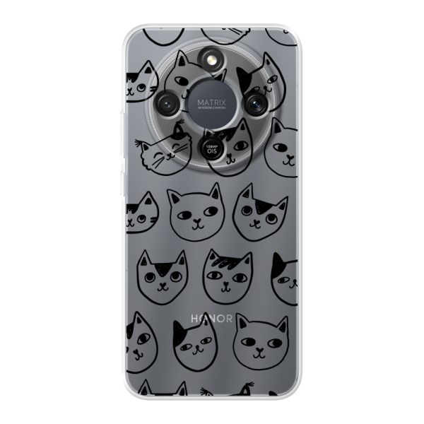 Coque Honor Magic8 Lite flexible transparente avec têtes de chat - Imprimé chats transparent