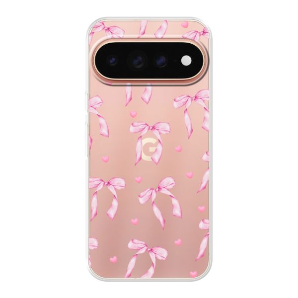 Coque Google Pixel 11 Pro flexible transparente avec nœuds et cœurs roses