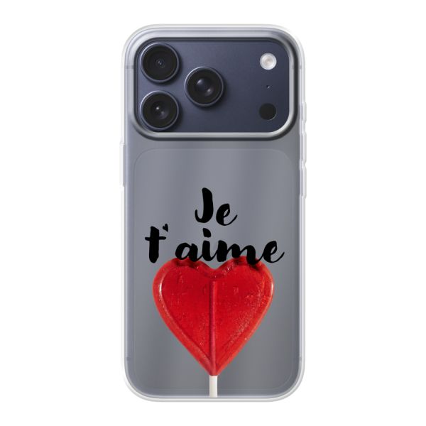 Coque iPhone 18 Pro flexible transparente avec sucette en forme de cœur - Je t'aime