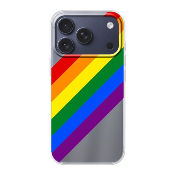 Coque iPhone 18 Pro flexible transparente avec arc-en-ciel diagonal - rayures Pride