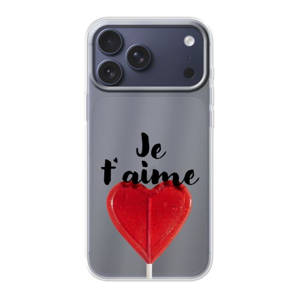 Transparente flexible iPhone 18 Pro Max Hülle mit herzförmigem Lutscher - Je t'aime