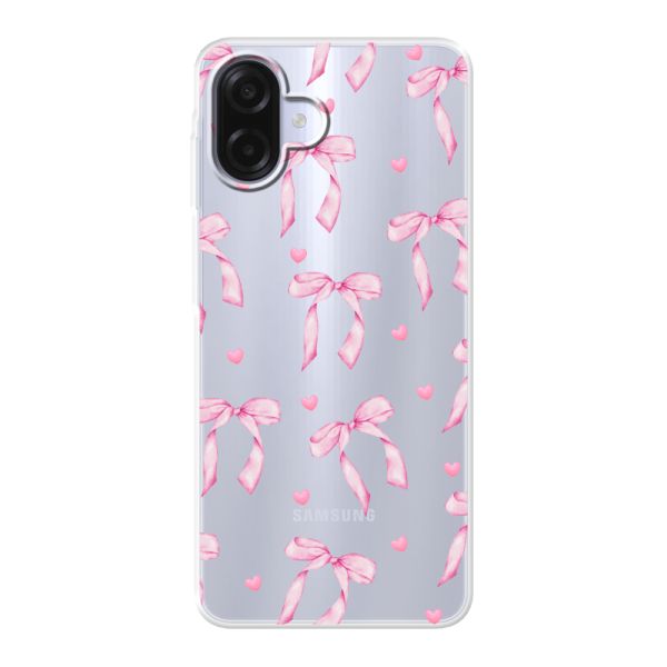 Transparant flexibel Samsung Galaxy A08 hoesje met Roze Strikjes en Hartjes