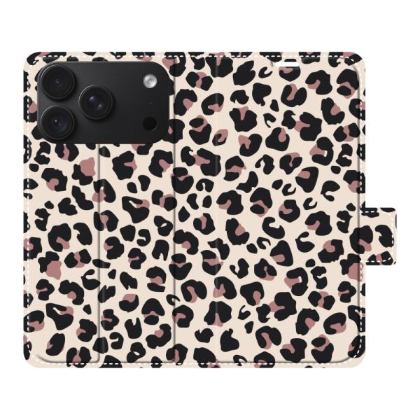Vollständig bedrucktes iPhone 18 Pro Portemonnaie-Case mit Pantherdruck - Leopardenmuster Beige Rosa