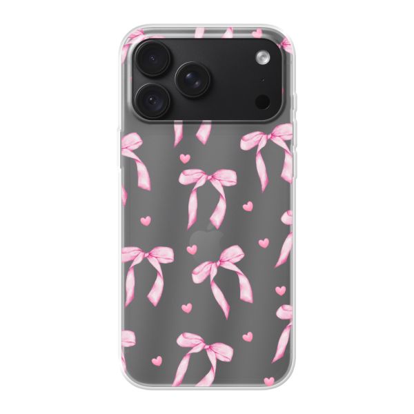 Transparente flexible iPhone 18 Pro Max Hülle mit rosa Schleifen und Herzen