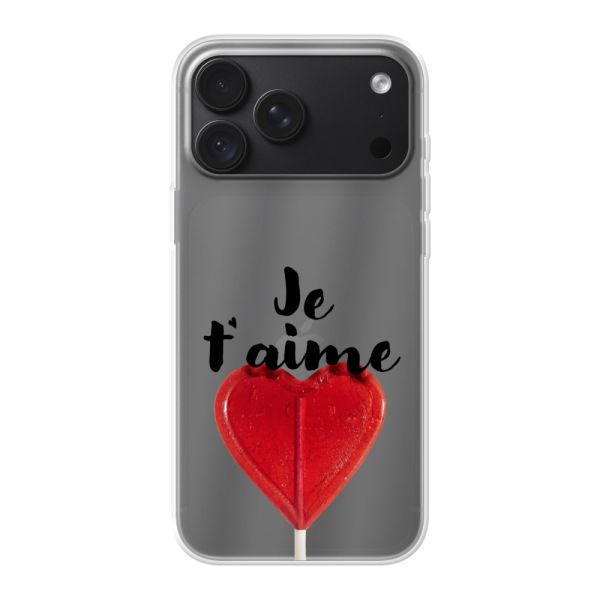 Transparente flexible iPhone 18 Pro Max Hülle mit herzförmigem Lutscher - Je t'aime