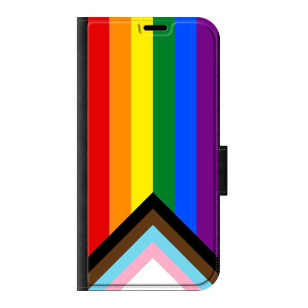 Voorkant bedrukt iPhone 16 portemonnee hoesje met Regenboog Vlag - Progress Pride Vlag