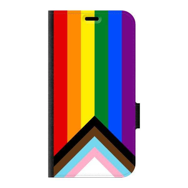 Voorkant bedrukt iPhone 15 portemonnee hoesje met Regenboog Vlag - Progress Pride Vlag