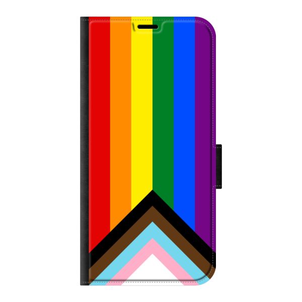 Voorkant bedrukt iPhone 16 Pro Max portemonnee hoesje met Regenboog Vlag - Progress Pride Vlag